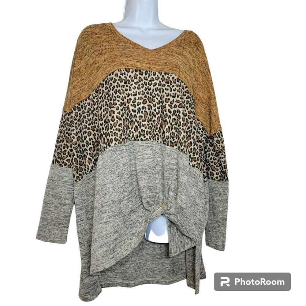Umgee Sweater, Women M, Color Block w/Animal Print,Front Tie,Oversized Tunic EUC